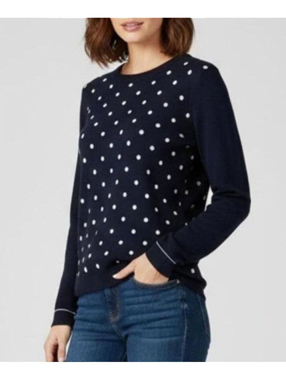 Tommy Hilfiger Womens Small Petite Navy Blue Polka Dot Crewneck Sweater